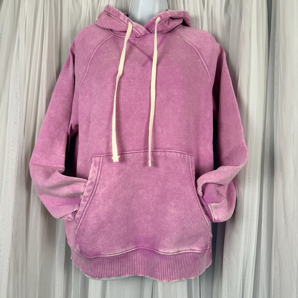 Zenana Mineral Wash Hoodie Trendy Kangaroo Pocket Pink Large Super Soft NWT
